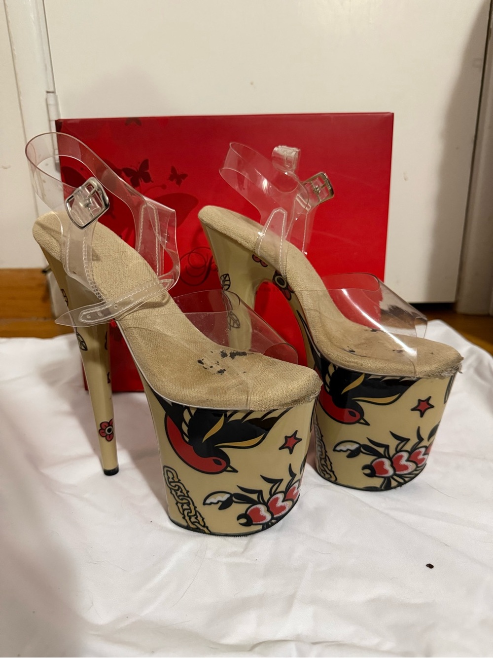 Pleaser Flamingo 8” Cream Platforms with Tattoo PoleMom skin